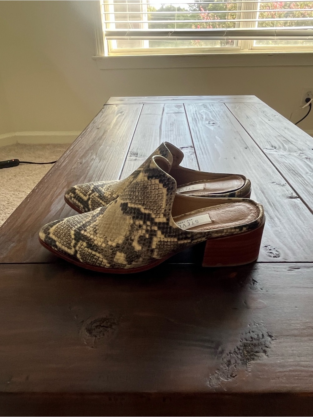 Steven By Steve Madden Snake-Print Mules in Beige and Black